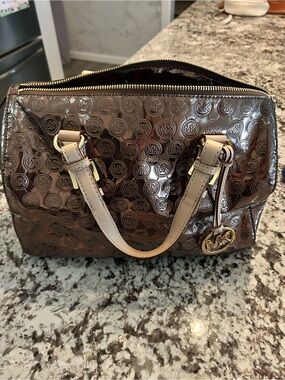 Michael Kors Metallic Brown Copper Logo Satchel with Cream Handles
